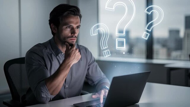 Thoughtful man using laptop with question marks in office environment decision making concept