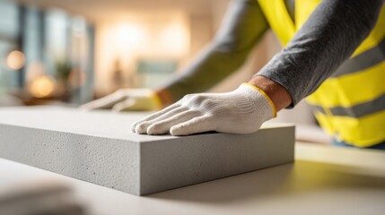 Obraz premium Worker in a gray suit and yellow safety vest with white gloves inspecting and handling a white rectangular object in an industrial or office environment