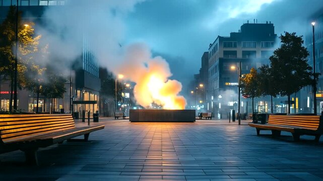 Urban scene with fire and smoke at night, benches nearby