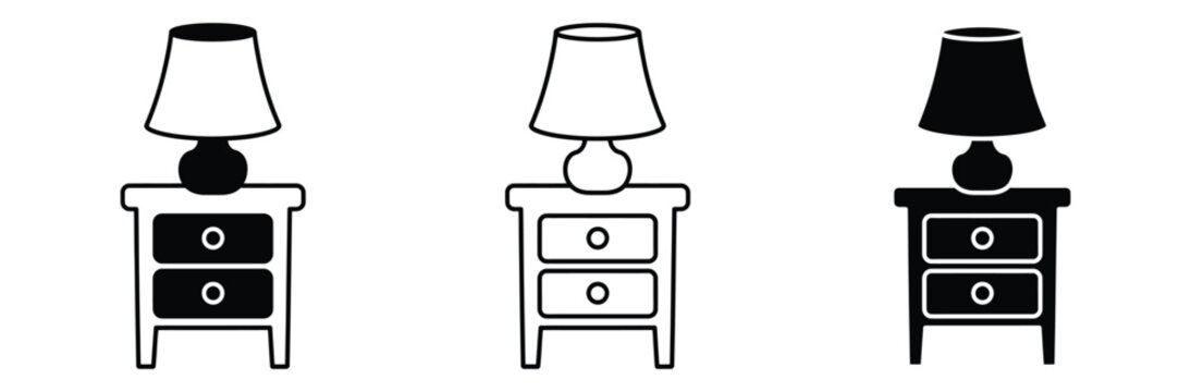 Three line icons of bedside lamps on nightstands in black and white for interior design and furniture concepts