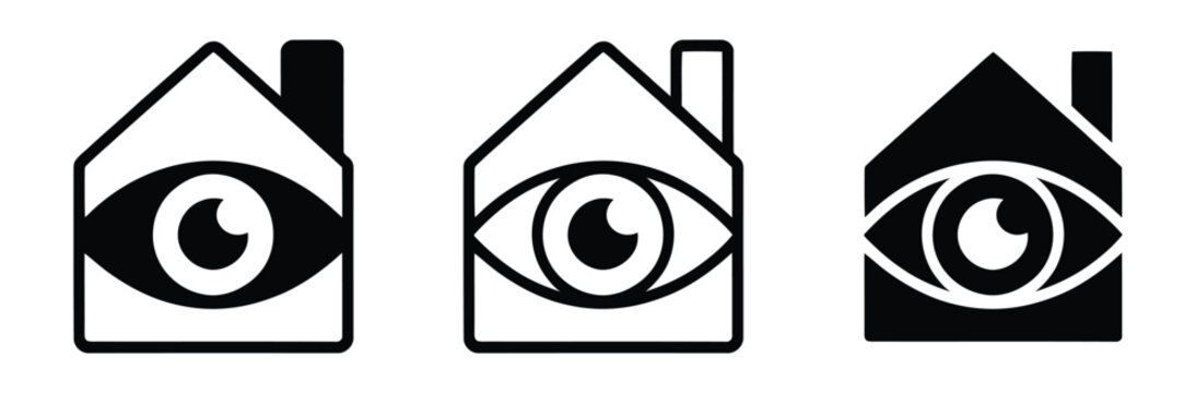 House with eye icons in black and white for surveillance and security concepts