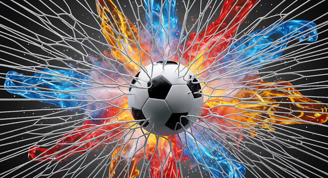 A black and white soccer ball caught in a net with explosive colorful liquid splashes of blue, orange, and red fire effects on a dark background