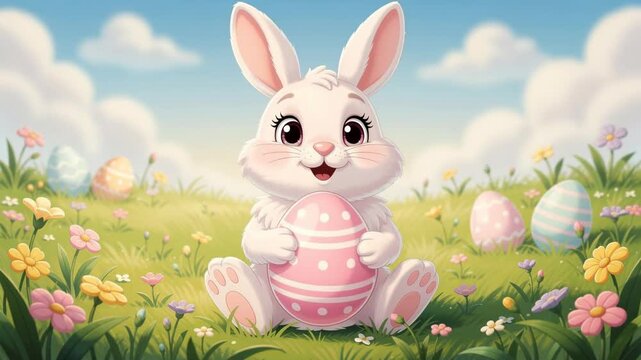 Cute happy Easter bunny holding decorated egg in colorful spring meadow with flowers and blue sky