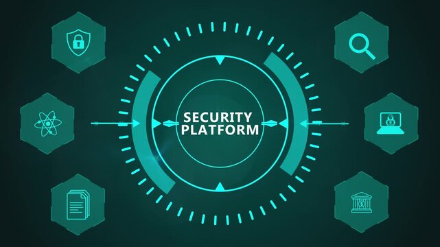 Security Platform Animation Featuring Circular Cyber Defense Interface and Futuristic Digital Technology Elements