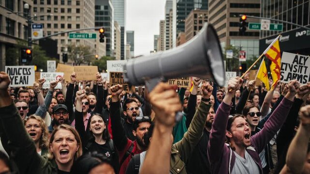 Large diverse crowd protesting in city street with raised fists and signs in an urban demonstration