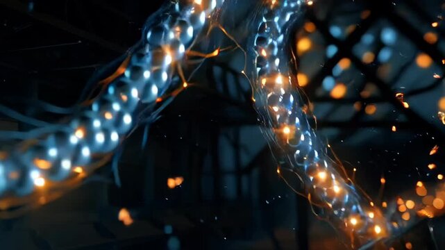 Abstract glowing molecular chain dynamically moves, visualizing energy and data flow in a dark scientific space.