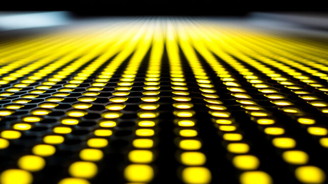 Abstract pattern of glowing yellow led lights in rows with abstract background technology