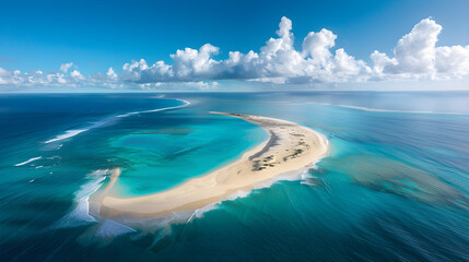 Obraz premium Aerial view of a pristine tropical sandbar island surrounded by turquoise coral reef waters