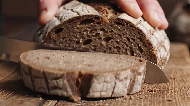 Closeup of a rustic loaf of bread being sliced on a wooden board.