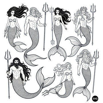 Mythical Mermaids and Mermen with Tridents, Fantasy Sea Creatures, Line Art