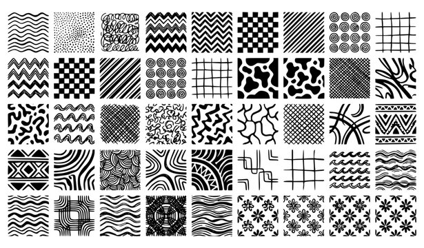 Seamless monochrome pattern vector collection with geometric shapes and hand drawn textures
