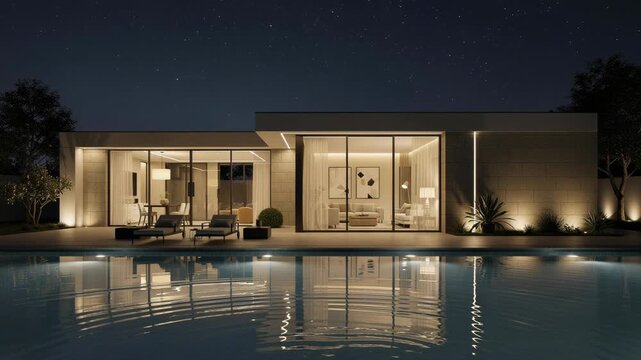 Modern luxury house with illuminated interior and outdoor pool at night under starry sky