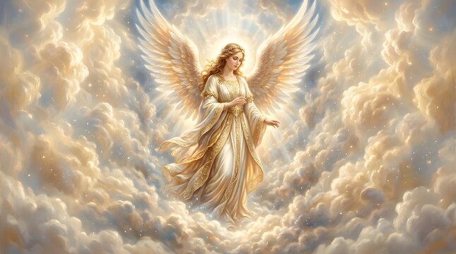 guardian angel artwork with soft clouds, ideal for religious publishing, prayer cards, memorial designs, and posters.