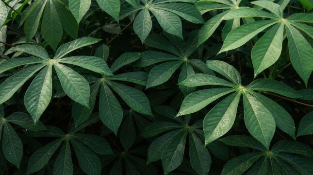 Close-up of lush green cassava leaves, a vibrant natural background texture.
