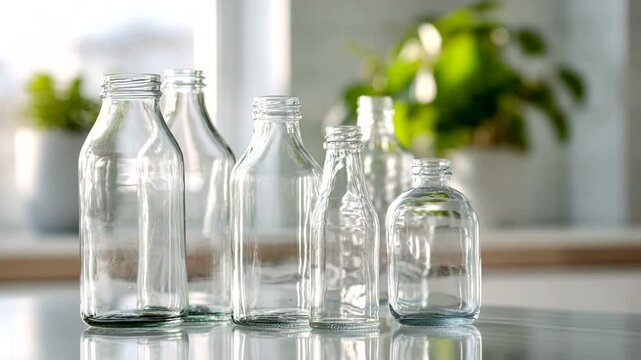 Various glass bottles arranged on a table with greenery