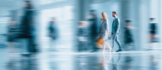Fototapeta premium Business people walking in a modern office building with blurred background