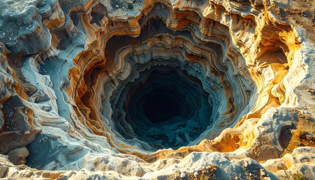 A colorful, layered geological formation resembling a sinkhole or crater