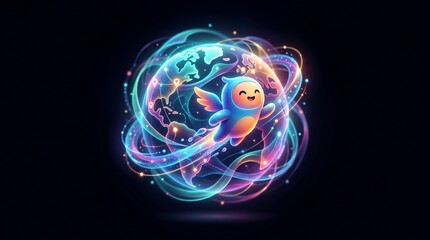 Obraz premium A cute cosmic character flying around a glowing neon earth globe