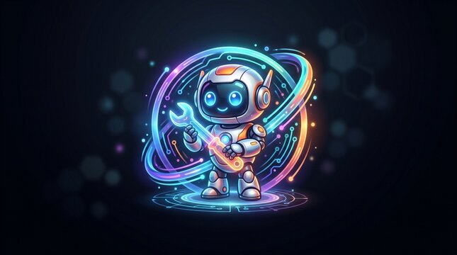 Futuristic cute robot technician holding a wrench with glowing neon light rings