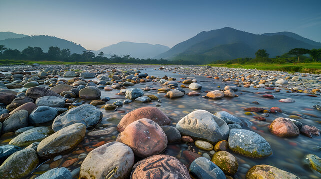 Wide Angle Landscape of Bichanakandi Riverbed with Smooth Boulders and Khasi Hills