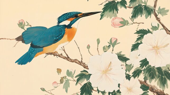 Vertical ukiyo e two kingfishers hibiscus pink white upper perched left facing right lower flying left wing spread blue white orange plumage green foliage thorny branches buds scattered flowers top ri