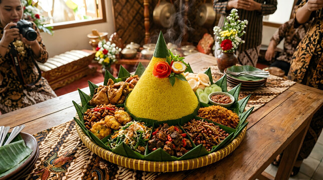 Traditional Indonesian Nasi Tumpeng Golden Rice Cone on Bamboo Tampah, Javanese Syukuran