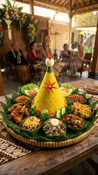 Traditional Indonesian Nasi Tumpeng Golden Rice Cone on Bamboo Tampah, Javanese Syukuran