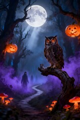 Fototapeta premium Enchanted Moonlit Forest with Mystical Owl and Glowing Lanterns