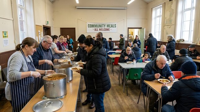 Volunteers Serving Hot Meals at a Community Center Soup Kitchen.