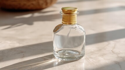 Obraz premium Elegant Glass Bottle with Gold Cap on Marble Surface Captured in Soft Natural Light