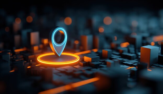 Digital illustration of a glowing blue location pin on a detailed city map with dynamic orange light highlights