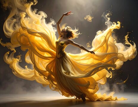 Graceful Woman Dancing with Flowing Golden Fabric in Dramatic Dark Studio