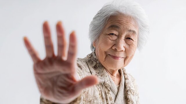 Happy elderly asian woman in floral blouse extends open palm toward camera