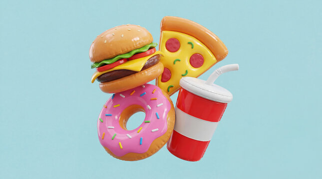 Burger, pizza, donut, and soda with straw float against blue background, playful and colorful fast food concept