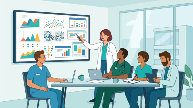 Female Doctor Presenting Medical Data Analytics on Screen to Diverse Healthcare Team in Hospital Meeting Room Flat Vector Illustration