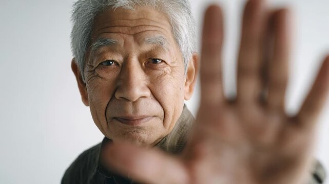 Elderly Asian man raises open palm firmly in assertive stop or refusal gesture