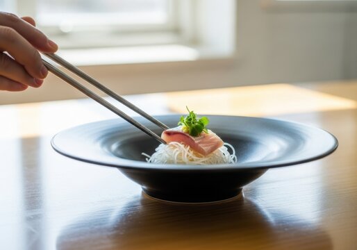 A single piece of sashimi being placed on a bed of daikon radish with chopsticks