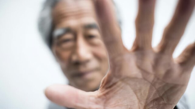 Elderly Asian man pushes open palm toward camera in close up refusal gesture