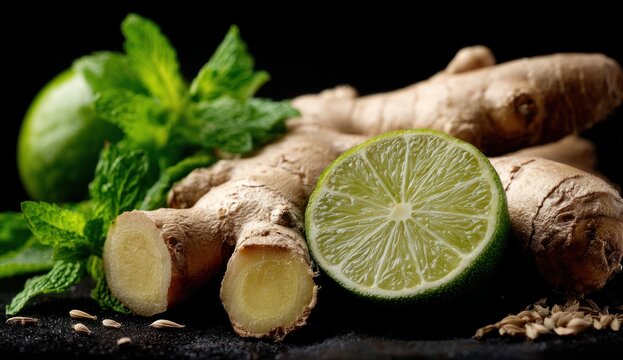 Fresh ginger root with knobby, light brown textured skin, vibrant green mint leaves, and sliced bright green limes showing juicy interior