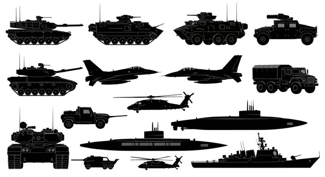 Military Vehicles Silhouette Collection: Tanks, Jets, Helicopters, Submarines, Ships