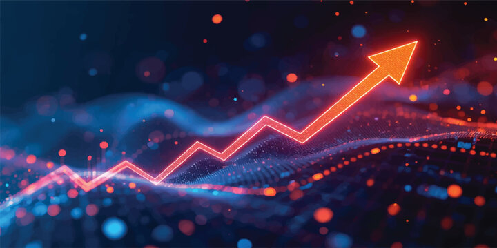 A 3d stock market graph and business finance chart with a red heart pulse ekg line showing economic growth and medical technology success