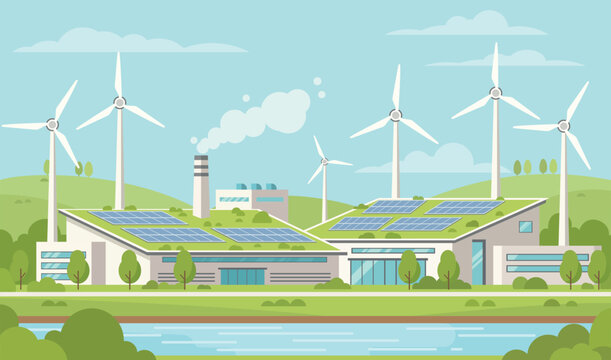 Eco friendly industrial buildings with rooftop solar panels and wind turbines in sustainable smart city landscape vector illustration