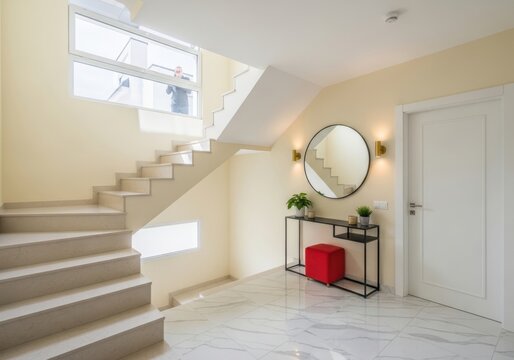 Modern entrance hall with marble floor, staircase, and minimalist console table