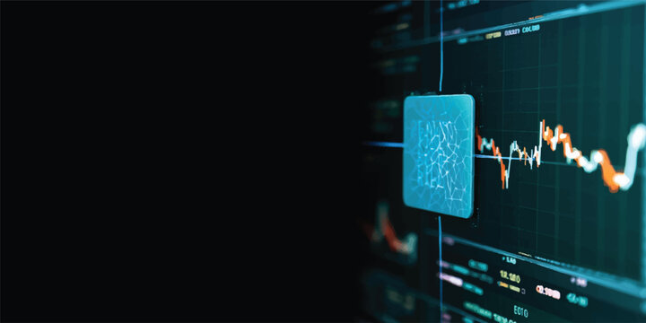A digital business screen displays a stock market graph integrated with modern technology, data code, and electronic circuit design