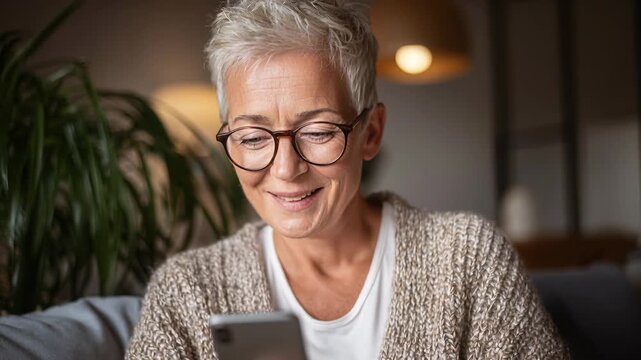 Mature woman with short hair smiles while reading on smartphone at home