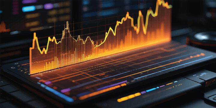Abstract digital illustration of a colorful stock market chart on a laptop screen blending into a medical EKG heartbeat pulse line to symbolize the technology and business rate of a financial market