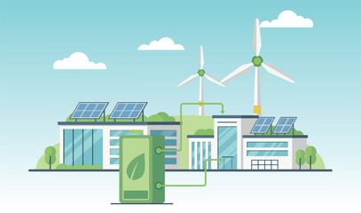 Green energy storage system connected to smart eco city with solar panels, wind turbines and clean power infrastructure illustration © NOPPHINAN