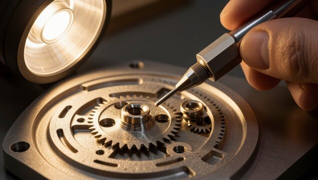 Engineer using precision tool to inspect mechanical gears under warm lamp light for quality control in workshop