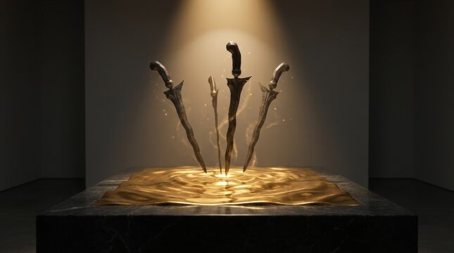 Traditional Indonesian keris daggers with asymmetrical wavy blades levitating over a shimmering pool of liquid gold on a dark marble pedestal under a dramatic museum spotlight.