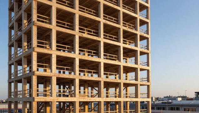 Massive wooden frame structure of unfinished high rise building under clear blue sky during sunset